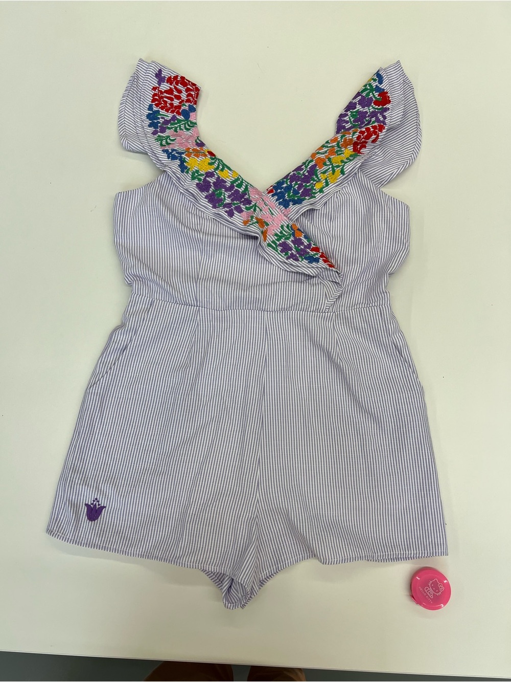 JMarie Seersucker Romper with Colorful Embroidered Floral Ruffle Neckline - Picture 3 of 8
